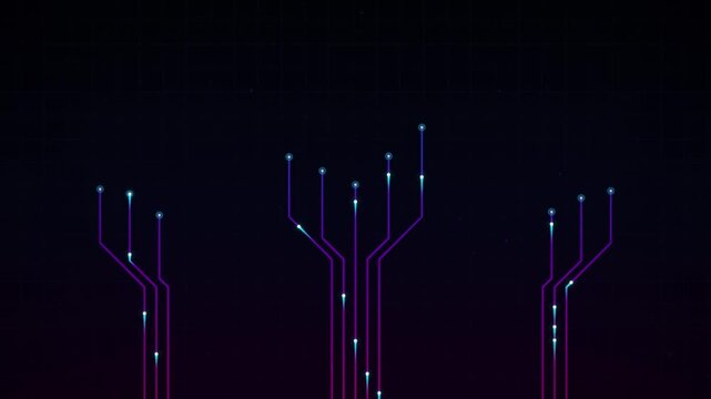 Digital Circuit Board Network Animation, Pink Purple Tech Lines with Glowing Data Nodes