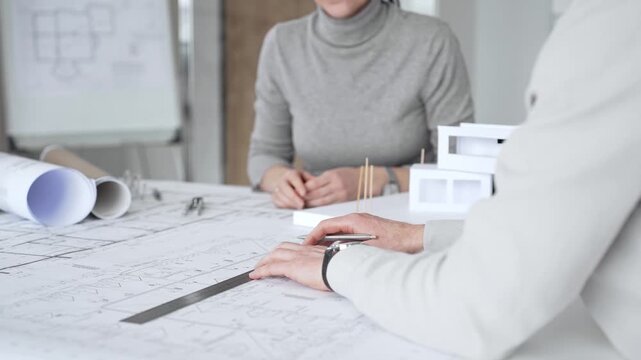 Architectural team analyzing building plans and a white scale model, discussing design concepts and construction details during a professional meeting in an office environment, close up