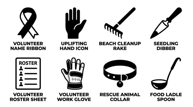 Set of volunteer and community service icons featuring ribbons hands gardening tools and welfare items in black silhouette style volunteer community gardening collection silhouette cleaning