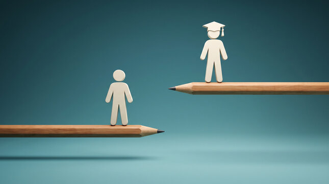 Educational achievement and progression concept showing student figures standing on wooden pencils representing academic advancement and overcoming learning gaps
