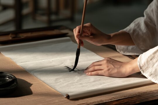 Hand painting traditional Chinese calligraphy strokes on rice paper