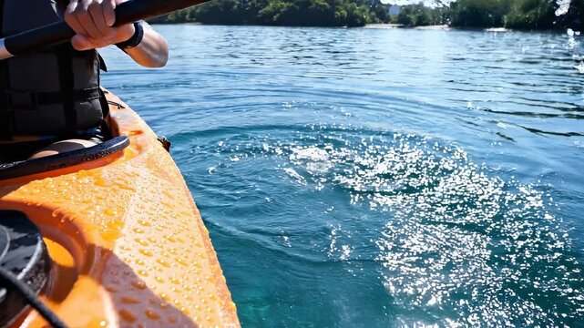 Kayaking on clear water. Paddler enjoys sunny day on tranquil lake. Vibrant nature surrounds, creating peaceful atmosphere for outdoor adventure.