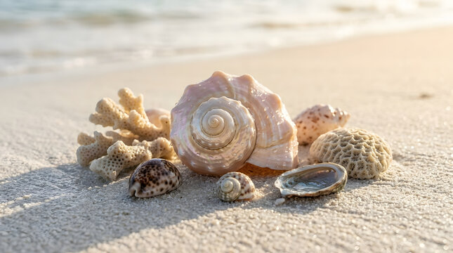 Beautiful Collection of Tropical Sea Shells and Corals on White Sand at Sunny Beach Background