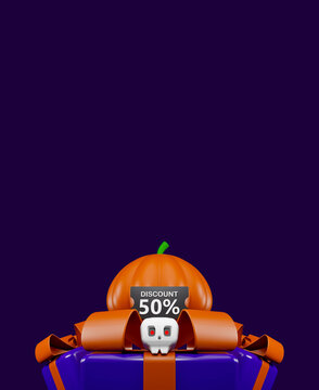 Halloween gift box with pumpkin, skull decoration, and 50% discount sign for seasonal retail promotion
