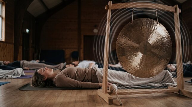 Woman meditating during gong bath session in tranquil wellness environment