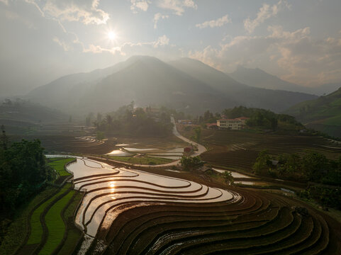Water-filled terraced rice fields