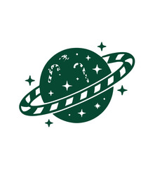 Candy Cane Ringed Planet icon. Green silhouette of a cosmic saturn globe surrounded by a striped festive peppermint orbit ring for sweet sci-fi holiday graphic art © Mr. Akash