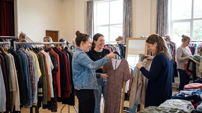Women participating in clothing swap event with friends in community space