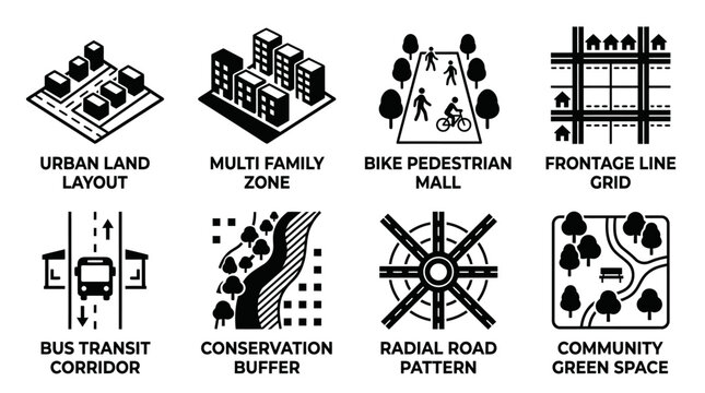 Collection of black and white urban zoning land use and transportation planning icons with transportation planning multifamily pedestrian frontage corridor conservation community collection