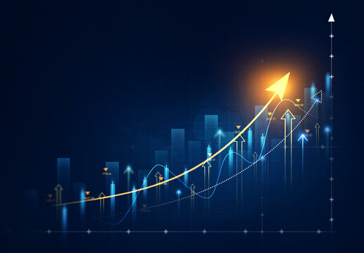 Stock market chart with upward financial trend and investment growth indicators. Business analytics dashboard showing trading performance, economic development, portfolio management and market success