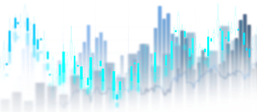Transparent Financial growth concept featuring blue candlestick charts, stock market data, rising trends and a futuristic digital business background.