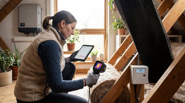 Woman conducting home energy audit using tablet and thermal camera indoors
