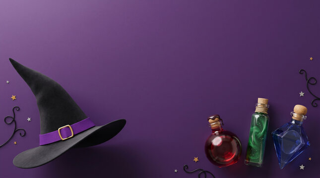 A black witch hat with a purple ribbon and colorful potion bottles rests against a purple backdrop witchcraft halloween sorcery