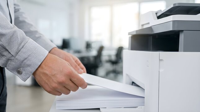 Businessman hands taking printed paper document from a laser printer in a bright modern office