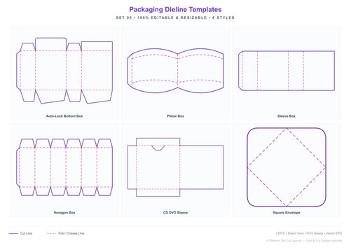 Set of 6 packaging box die cut templates - editable dieline mockup with auto-lock bottom box, pillow box, sleeve box, hexagon box, cd dvd sleeve, square envelope, vector cardboard packaging layout wit