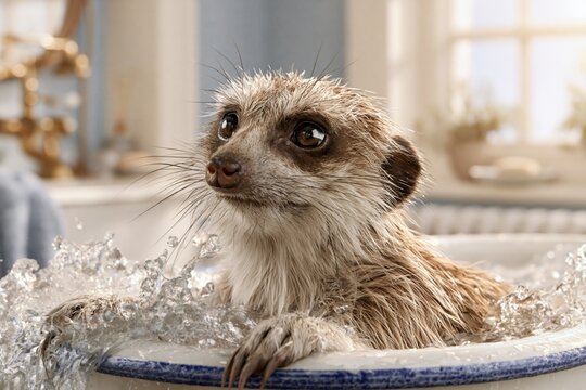 Meerkat taking a bath in a small pet tub, playful splashing water, bright bathroom interior, adorable expression