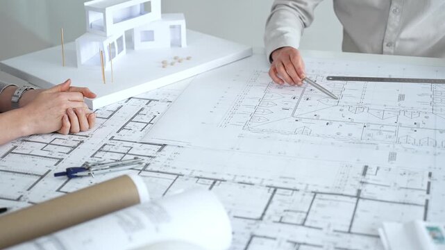 Architects discussing architectural blueprints and a building model on a white desk, planning a new construction project and developing innovative design solutions collaboratively, close up