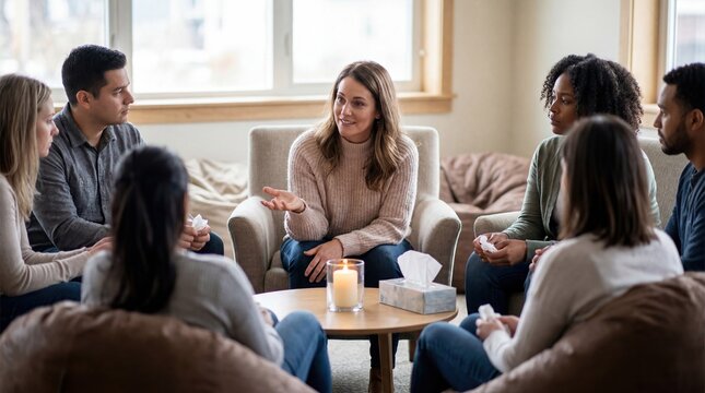Woman leading grief support circle in cozy community setting for emotional healing