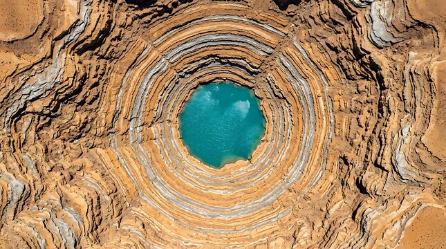 Aerial view of a circular desert sinkhole with layered rock formations surrounding a vibrant turquoise water pool