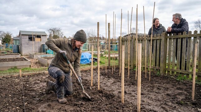 Woman digging in her allotment plot while managing gardening with friends nearby