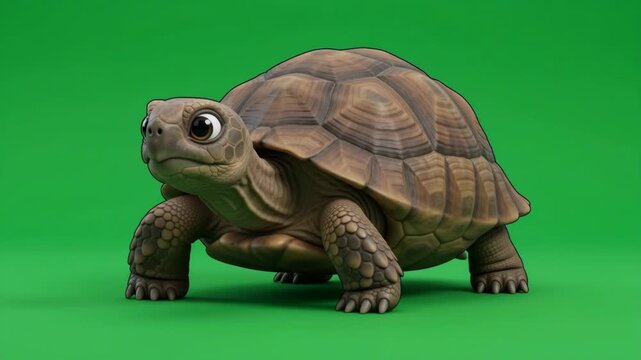 Cute cartoon tortoise with big eyes on a vibrant green background, looking curiously at the viewer.