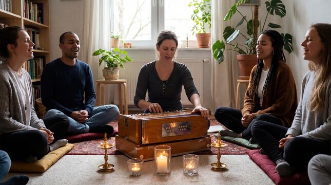 Woman practicing kirtan with harmonium in group meditation setting for relaxation