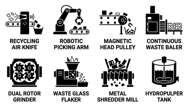 Collection of recycling machinery and waste processing equipment vector line icons with recycling machinery equipment processing industrial technology collection shredder separation material