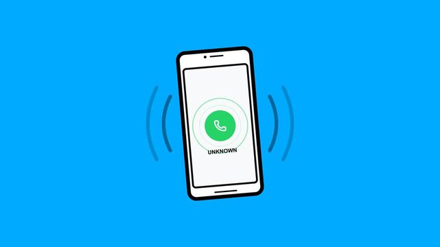 Smartphone incoming call display with unknown caller text and vibrating green phone icon on solid blue background for communication concepts.