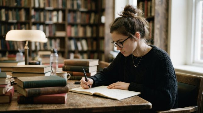 Woman Studying In Library