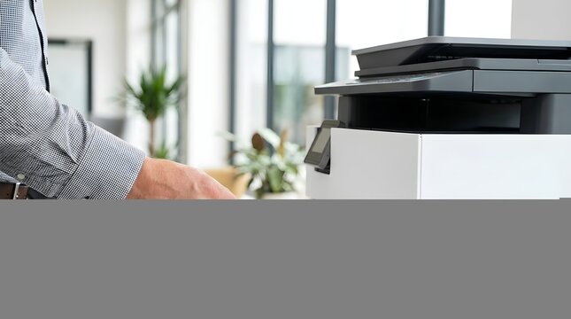 Businessman retrieving printed documents from a modern office printer machine