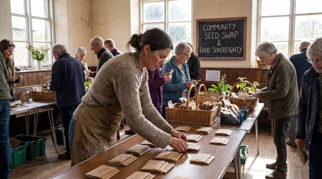 Woman organizing community seed swap event in village hall for food sovereignty