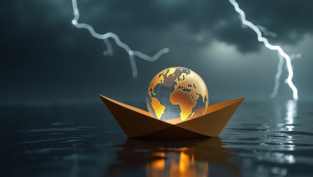 Golden origami paper boat floating on dark rippled water, holding crystal globe with golden continents, storm sky with bright lightning bolts, moody 3D render of global peril theme