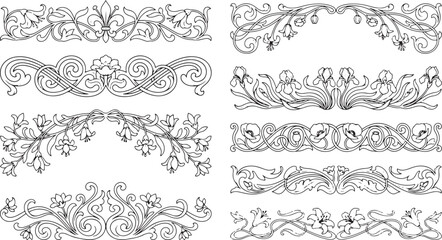 Fototapeta premium Set of eight various vintage floral decorative elements, art nouveau inspired scroll borders, vector illustration on transparent background.