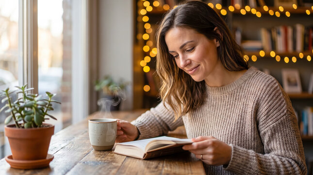 Relaxed woman reading a book and drinking coffee by a window in a cozy cafe