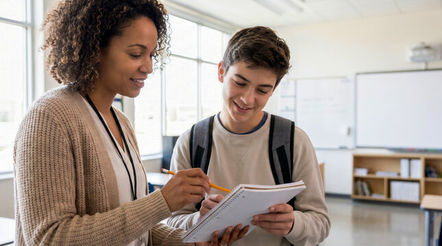 Female teacher helping a smiling teenage student with notes in a bright classroom