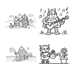 Fototapeta premium A Collection of Cute Robot Characters Engaged in Various Fun Daily Activities and Hobbies.