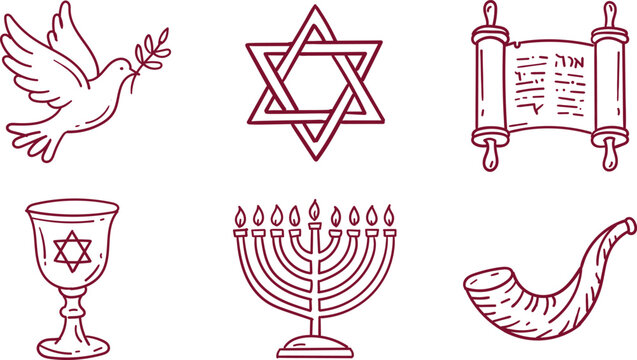 Collection of Jewish religious symbols including dove Star of David Torah scroll chalice menorah and shofar drawn in a minimalist line art style