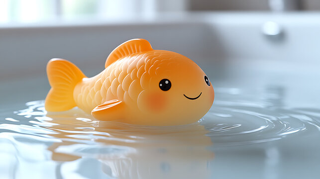 Close-up pastel cartoon visual of a soft bath spout cover shaped like a smiling fish in gentle orange and yellow against a pure white backdrop 