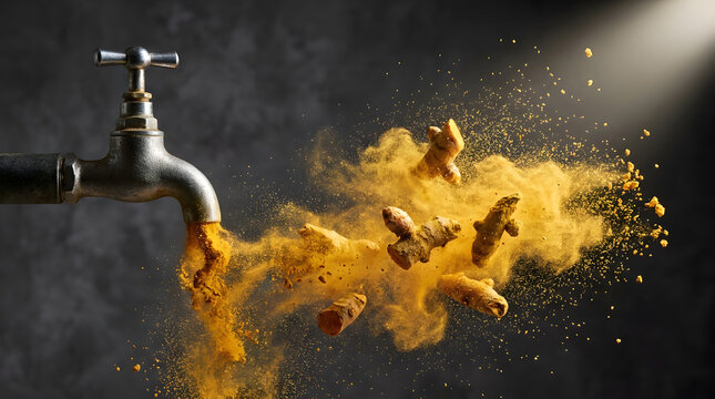 Golden turmeric powder and whole curcuma roots exploding from a vintage metal water faucet, symbolizing natural health, abundance of spices and wellness on a dark textured background 
