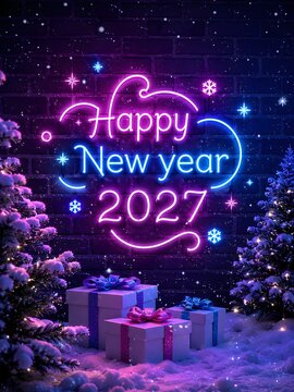 Happy new year 2027 neon sign glowing in a dark winter night with decorated pine trees and gift boxes on the snowy ground for a festive holiday celebration and festive season