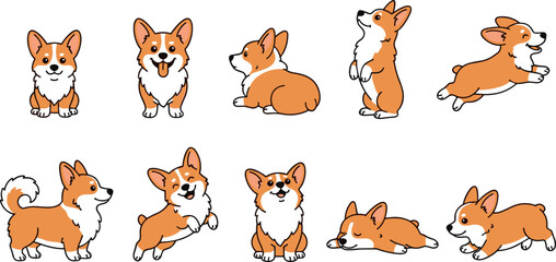 Fototapeta premium Cute Cartoon Pembroke Welsh Corgi Dog Character Vector Illustration Set with Funny Puppy Poses for Kids Apparel Stickers and Animal Lover Graphic Designs