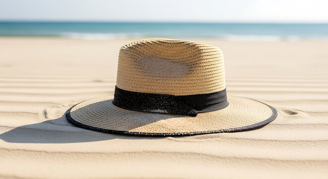 A stylish straw hat with a black ribbon band resting on the sandy beach during a sunny day