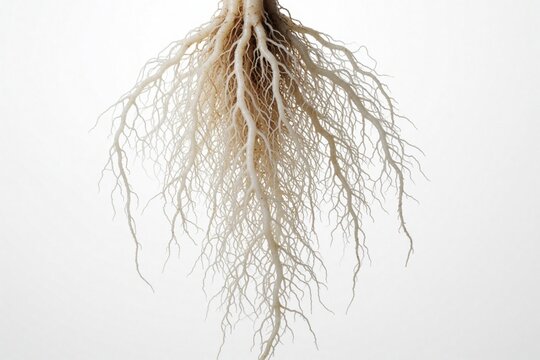 Large plant roots system isolated on white background. Detailed organic tree root structure shows natural growth, life. Complex underground network of woody stems for botany, agriculture ecology