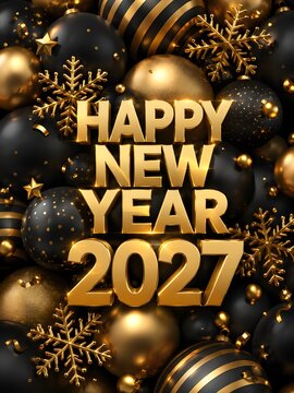 Happy new year 2027 greeting card with golden text and shiny black and gold christmas ornaments and snowflakes background for seasonal holiday celebration and festive party poster