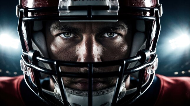 Football player, helmet on, stares intensely under stadium lights. Sweat glistens, showing grit and determination before game action. Ready for intense competition.