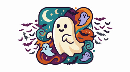 Naklejka premium Cute Ghost with Bats and Moon Halloween Scene