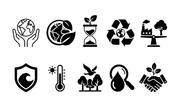 Collection of environmental protection and sustainability icons with transparent background