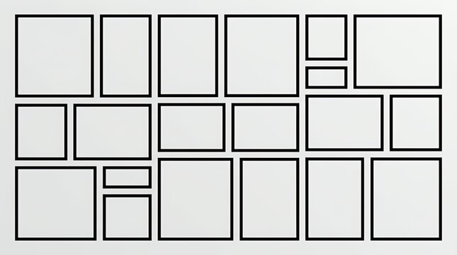 Grid Collage Template Featuring Thirteen Geometric Rectangular and Square Image Frames collage template frame photo grid layout display picture composition square rectangle border presentation