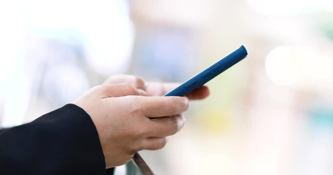 Woman typing on a smartphone, sending messages, texting, chatting online, using mobile app. online banking, digital payment, Modern communication, social media, digital lifestyle, wireless technology