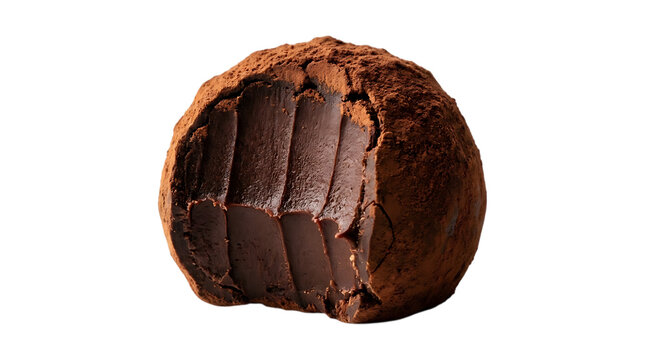 Single dark chocolate truffle with a bite mark isolated on a white background